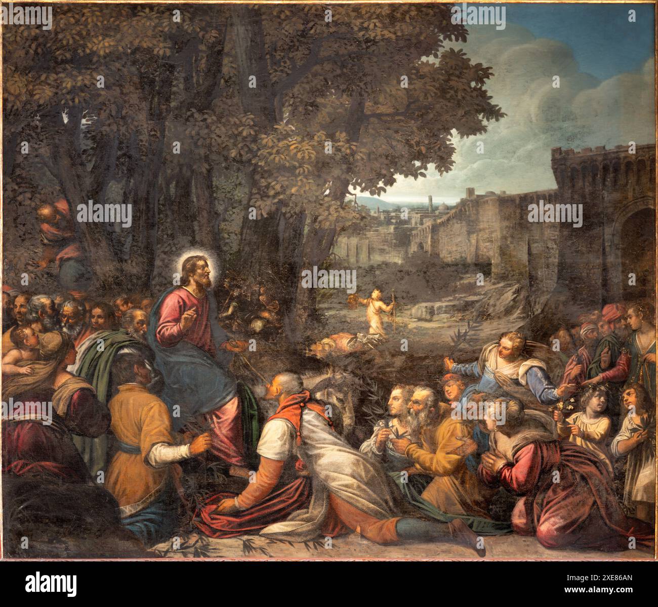 PÉROUSE, ITALIE - 18 MAI 2024 : la peinture de Jésus entrée à Jérusalem (Palm Sundy) dans l'église Basilica di San Pietro par Antonio Vassillachi Banque D'Images