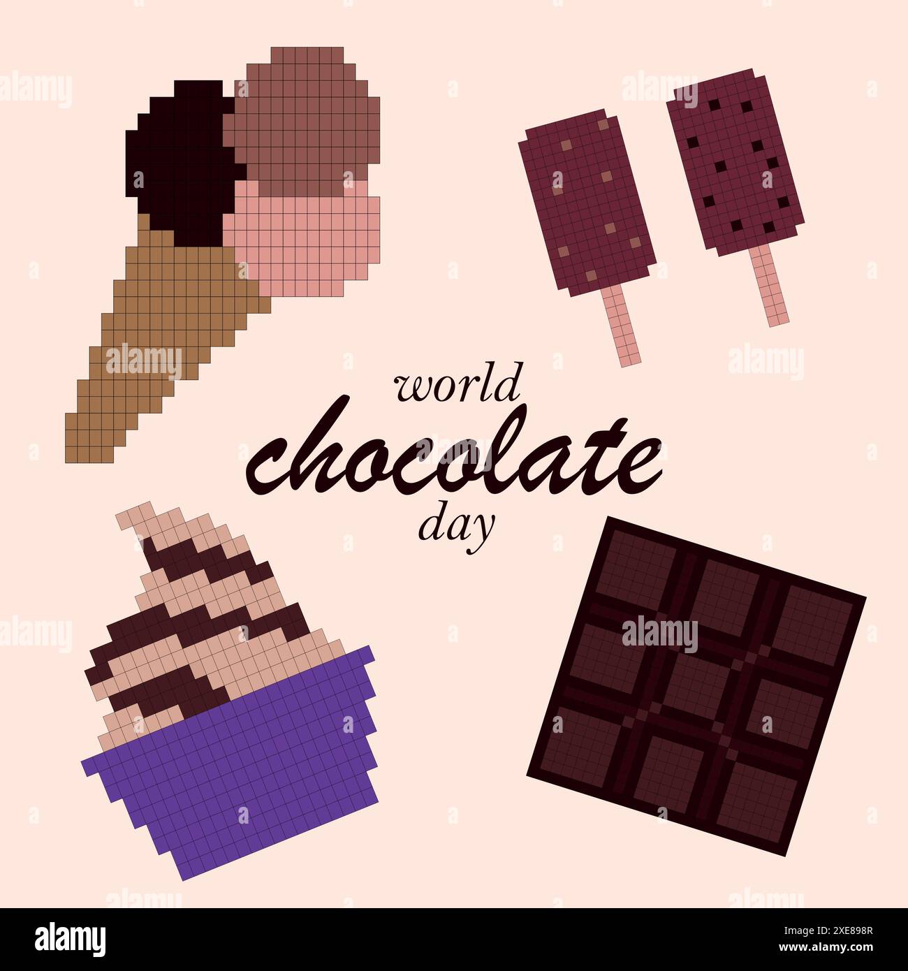 Bonne journée mondiale du chocolat. Icônes de chocolat Pixel. Collection d'éléments pixel pour impressions, cartes, affiches, bannières, décoration de produits. Illustration de Vecteur