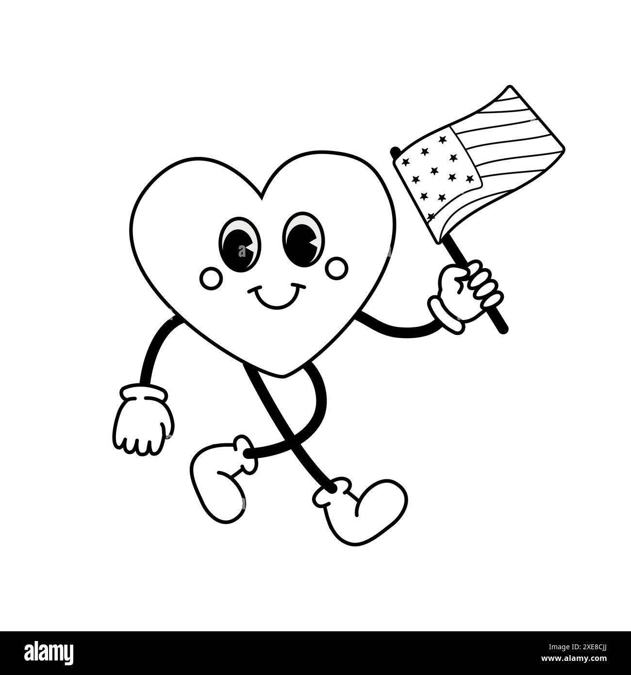 Vector groovy rétro dessin animé contour coeur avec drapeau USA isolé sur fond blanc Illustration de Vecteur