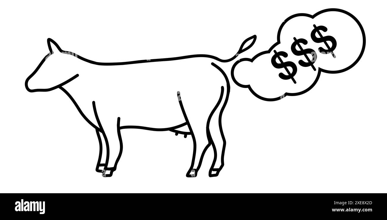 Illustration vectorielle de la taxe sur le CO2 des vaches et du bétail, d'abord au Danemark Banque D'Images