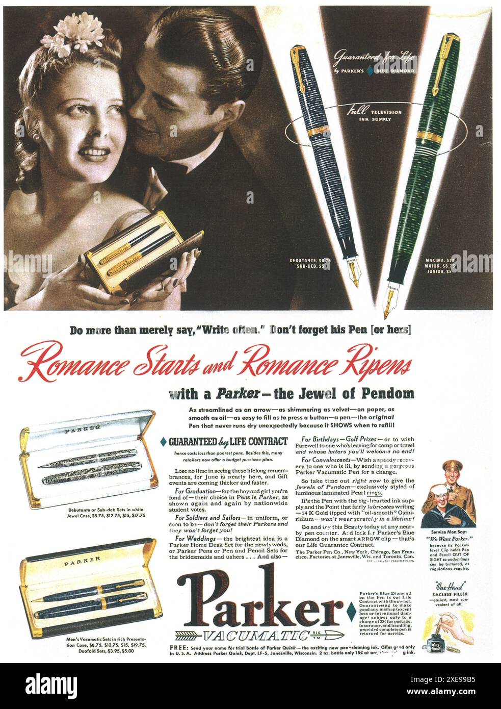 1941 Parker Vacumatic Pen ad - écriture romance Banque D'Images