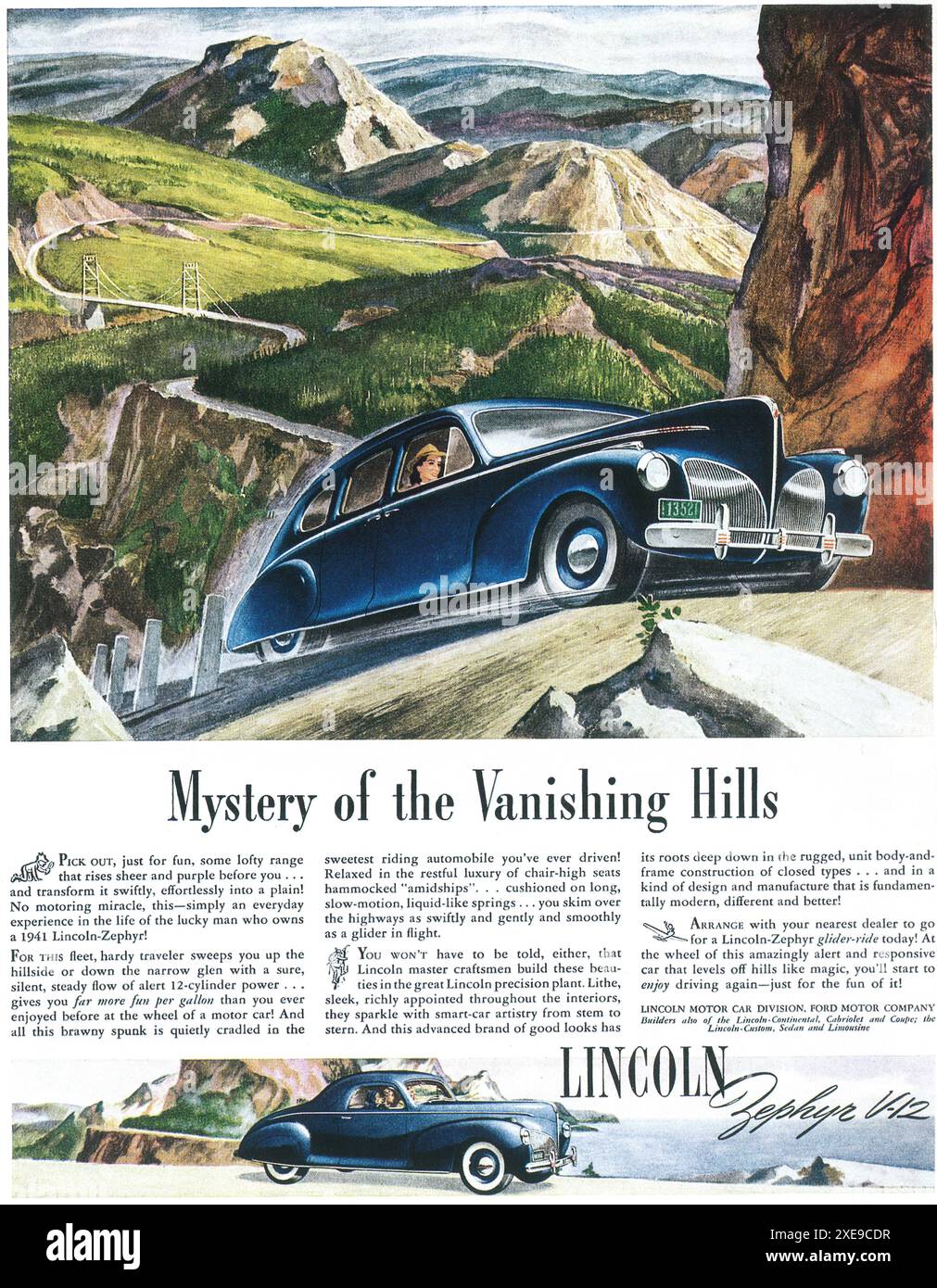 1941 Lincoln Zephyr V12 ad - 'mystère des collines en voie de disparition.' Banque D'Images