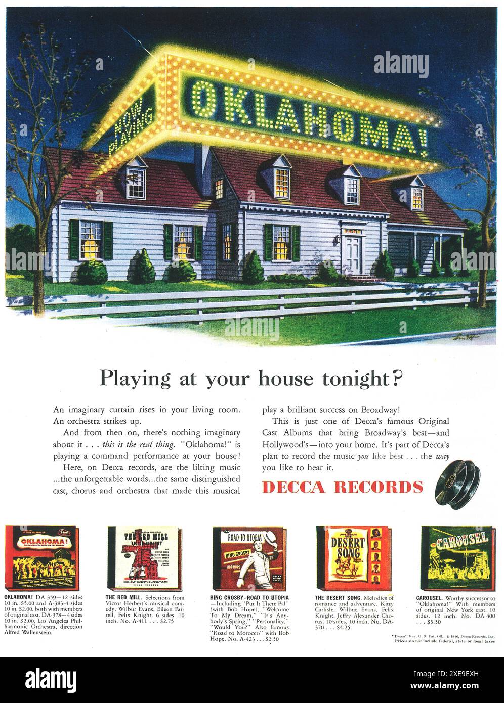 1946 Decca Records annonce - albums de distribution originaux - Oklahoma Neon sign Country House Banque D'Images