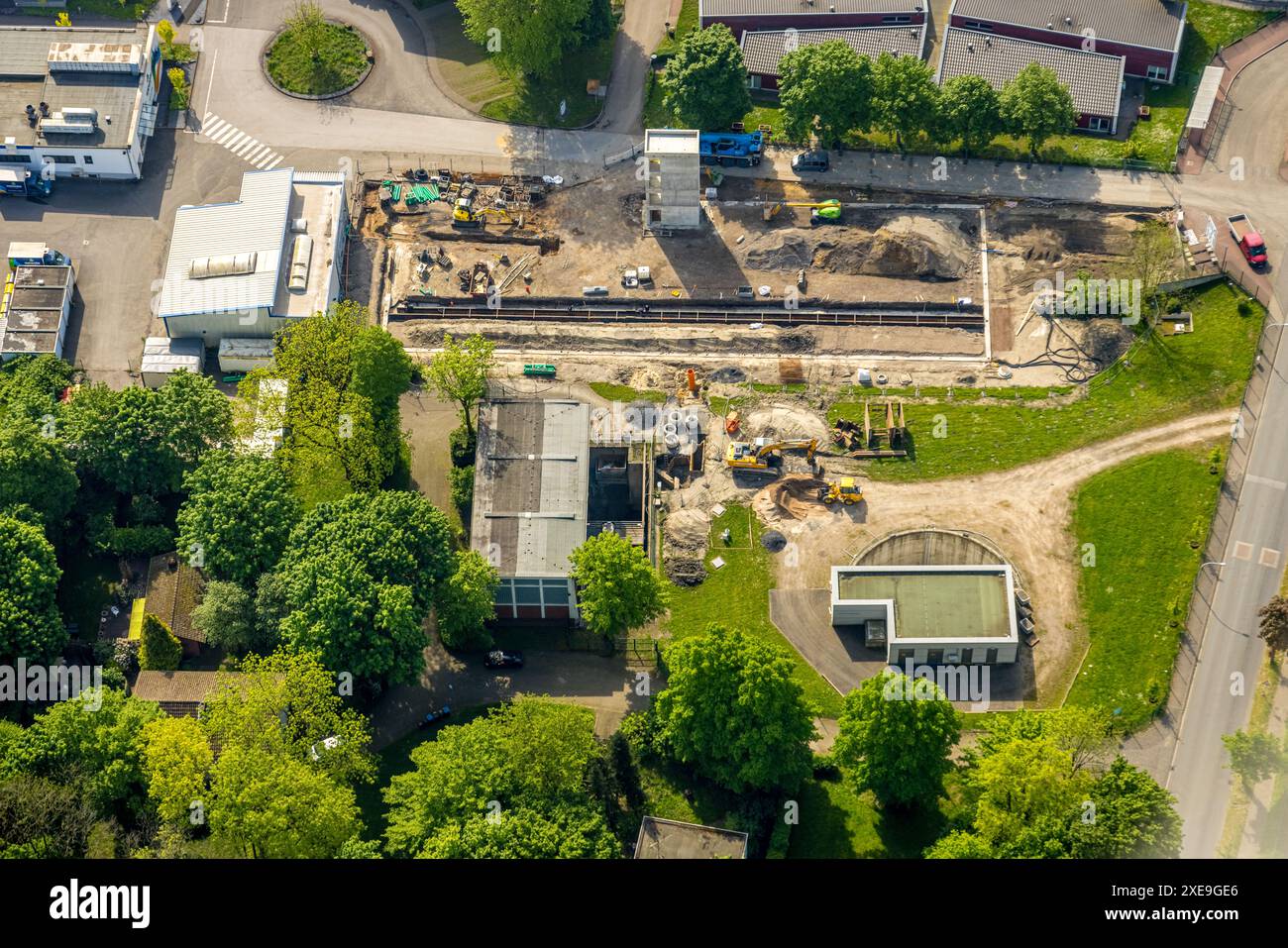 Vue aérienne, chantier et nouvelle construction d'une station de pompage des eaux usées, Langforthstraße, Horsthausen, Herne, Ruhr Rhénanie-du-Nord-Westphalie Banque D'Images