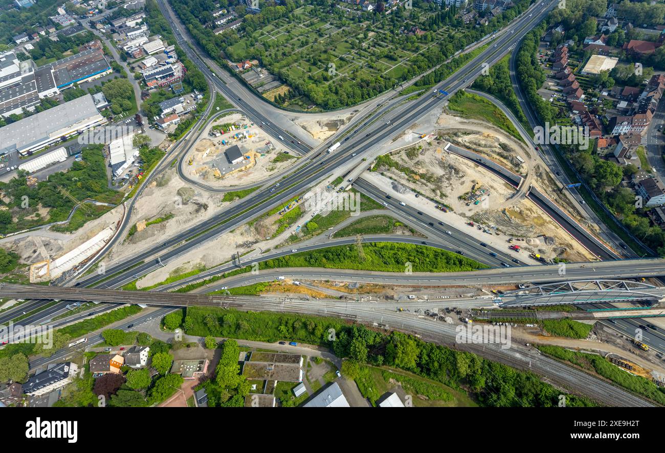 Vue aérienne, jonction d'autoroute Herne chantier majeur avec nouveau tunnel, autoroute A43 et autoroute A42, Baukau-Ouest, Herne, région de la Ruhr, Rhénanie du Nord-O. Banque D'Images