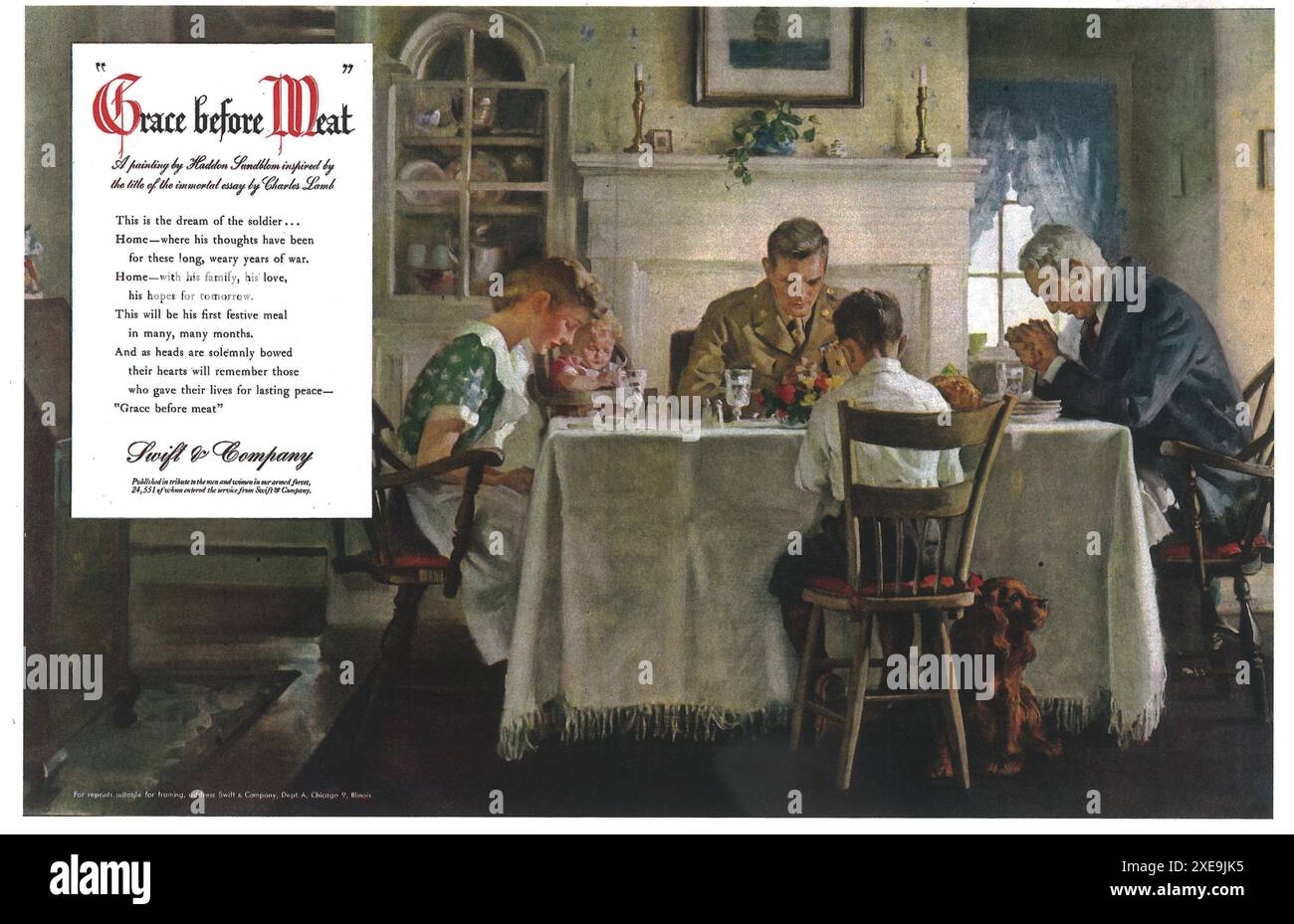 1945 Swift & Company annonce avec la peinture « Grace Before Meat » de Haddon Sundblom Banque D'Images