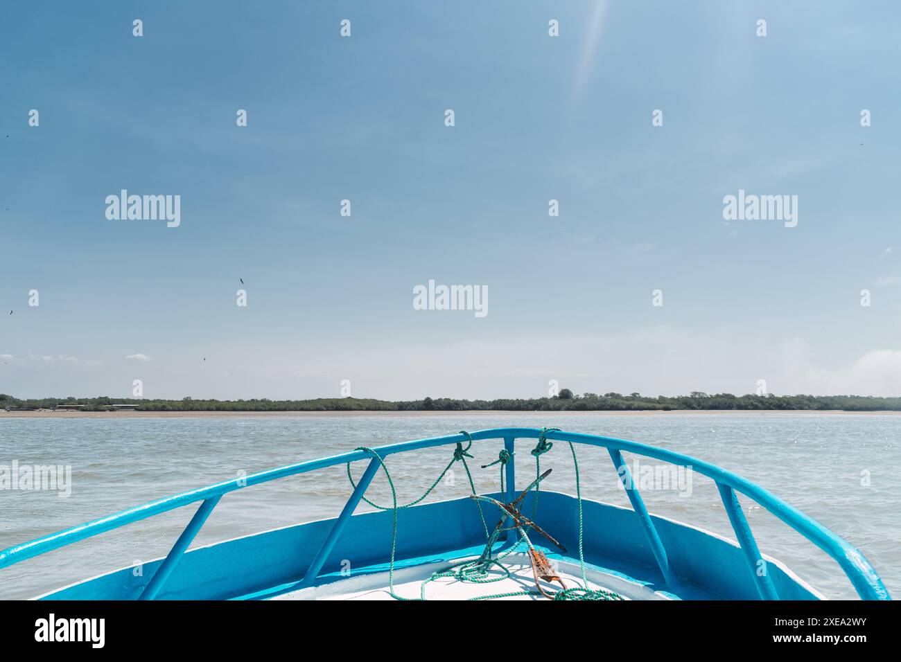 pointe de bateau bleu dans les mangroves de tumbes à marée basse par une journée ensoleillée et ciel bleu entouré d'arbres Banque D'Images