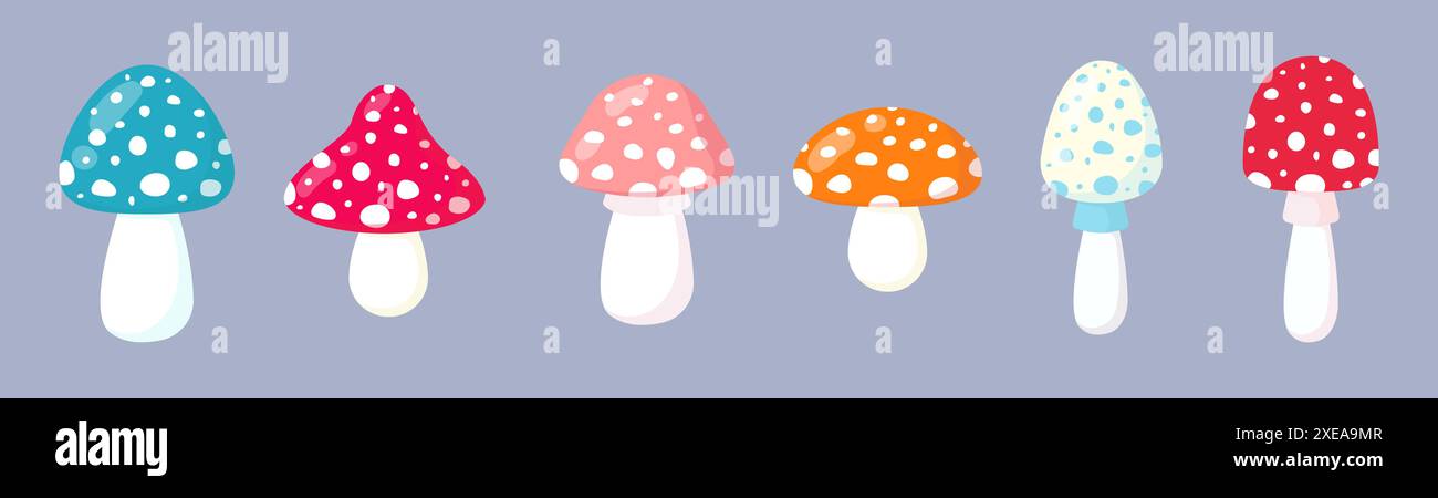 Ensemble d'agarics de mouches multicolores. Illustration vectorielle dans un style plat. Illustration de Vecteur