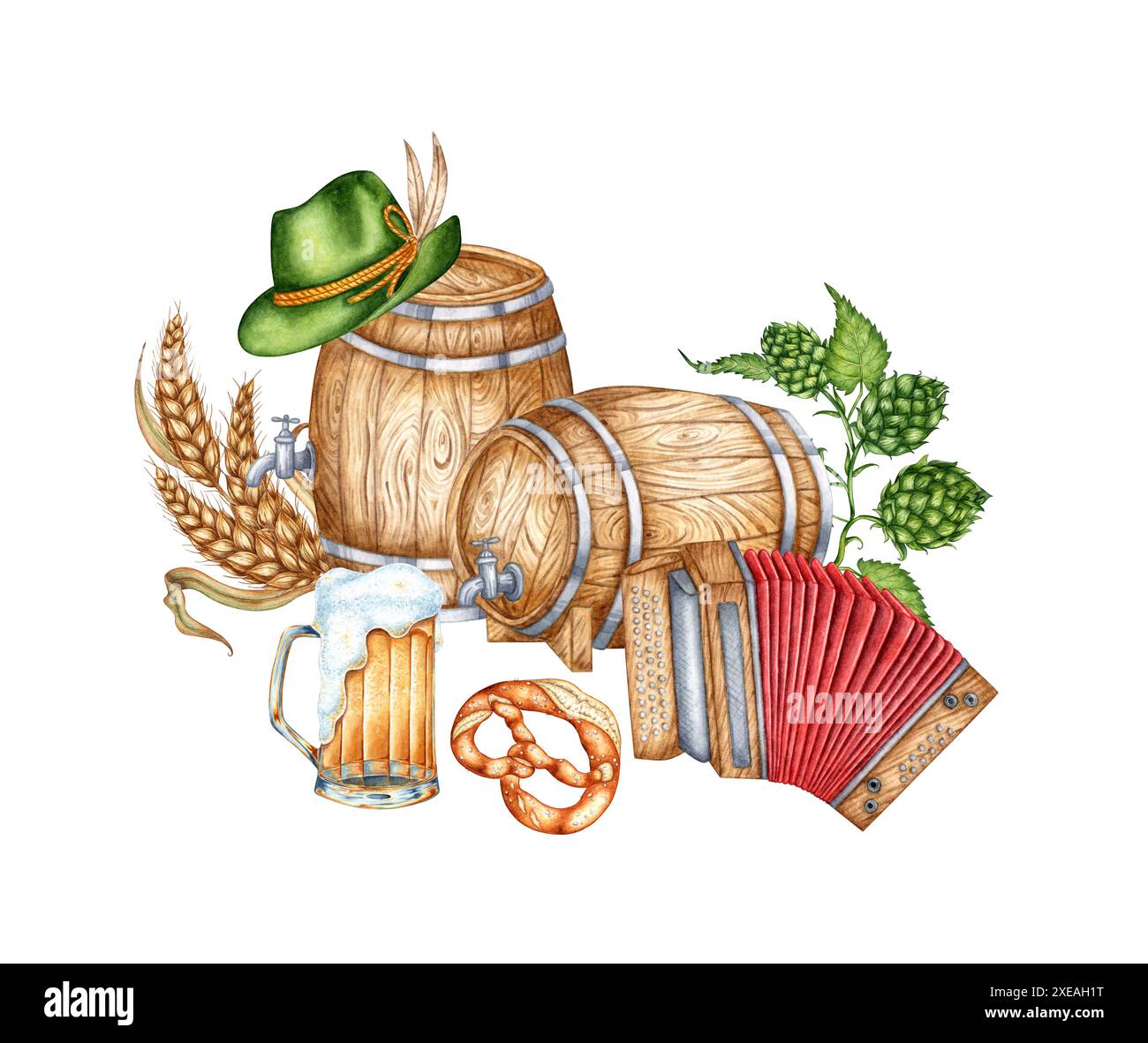 Deux barils de bière en bois, chapeau vert, accordéon, tasse de bière, bretzel, blé et houblon, Oktoberfest, illustration aquarelle du festival de la bière. Idéal pour les vacances Banque D'Images