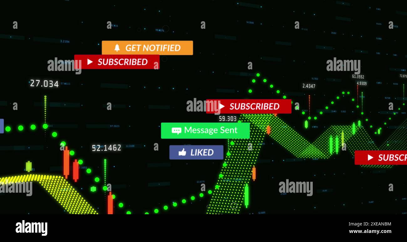Image d'icônes de médias sociaux flottant au-dessus du traitement des données financières sur fond noir Banque D'Images