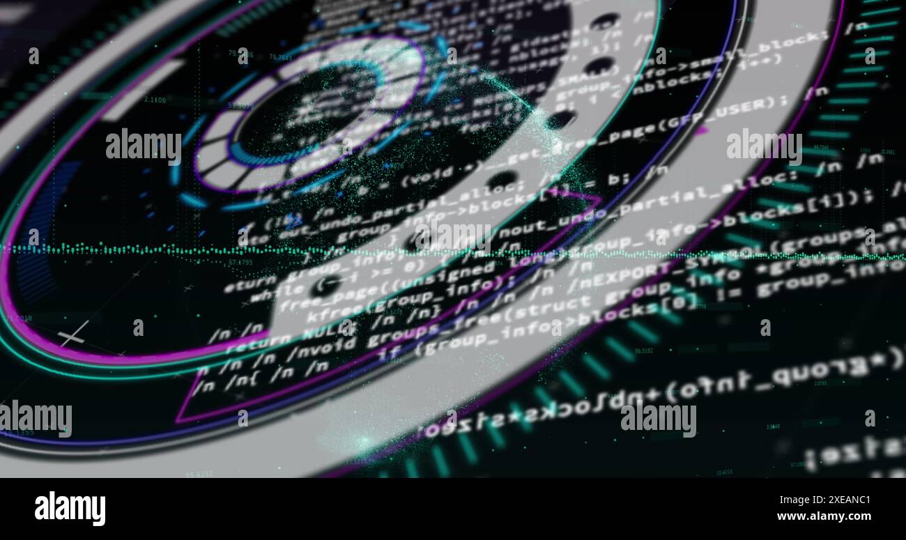 Image d'un scanner rond au néon tournant sur le traitement des données et d'un globe tournant sur fond noir Banque D'Images