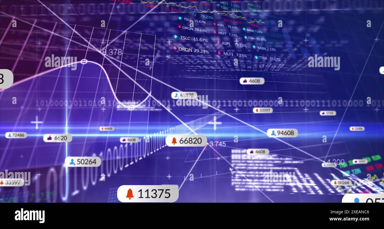 Image des icônes de médias sociaux, statistiques, traitement des données boursières sur fond bleu Banque D'Images