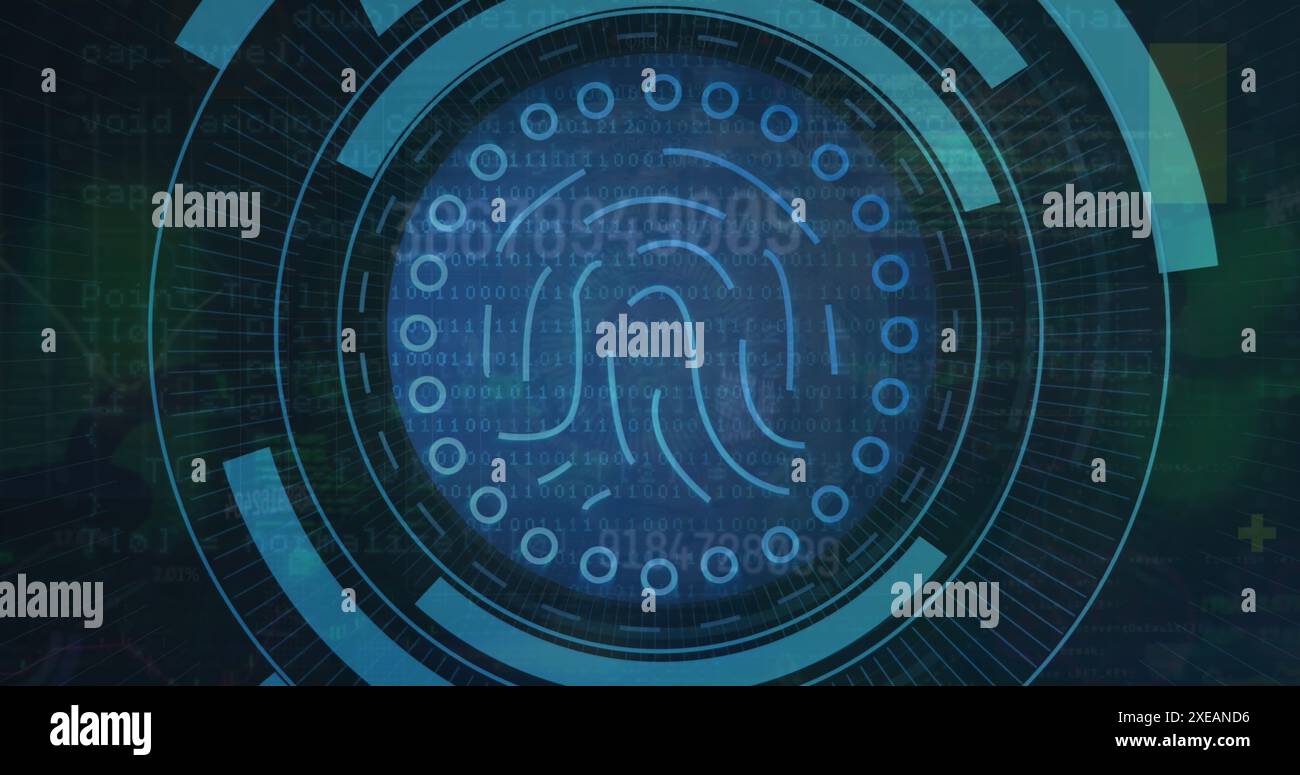 Image du scanner d'empreintes digitales biométrique contre le globe tournant et le traitement des données Banque D'Images