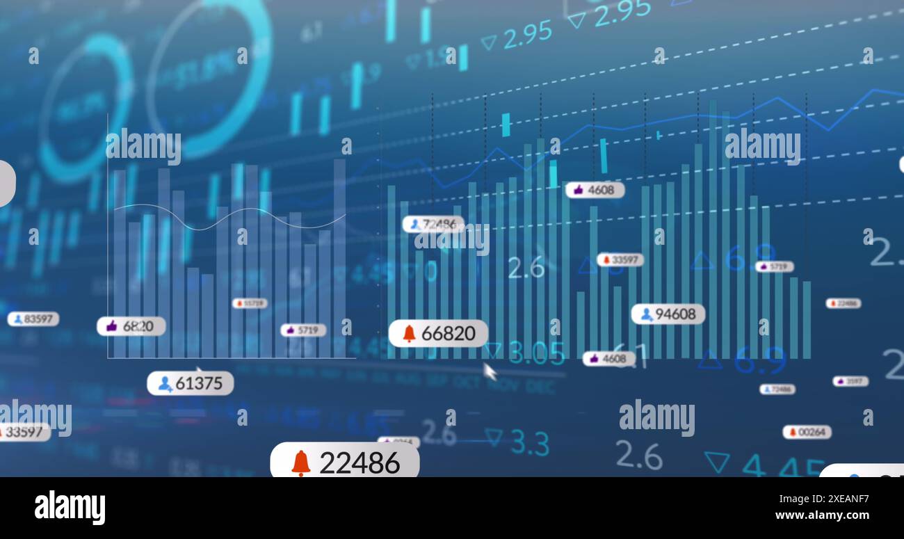 Image des icônes de médias sociaux, statistiques, traitement des données boursières sur fond bleu Banque D'Images