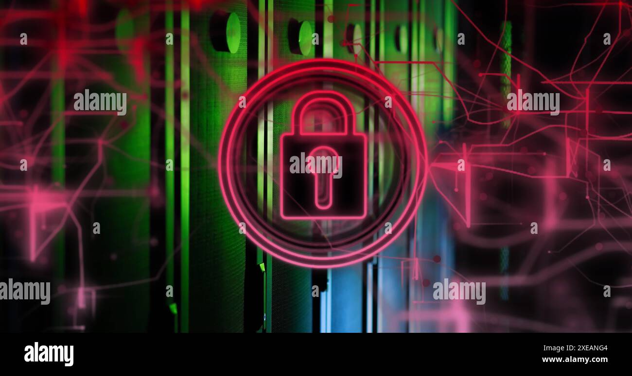 Image de texte et de cercles de néon au-dessus de points lumineux Banque D'Images