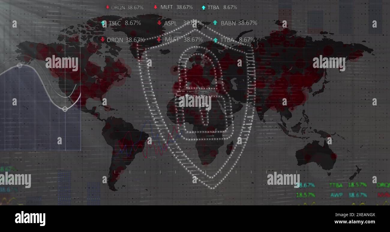 Image de cadenas de sécurité, statistiques et traitement des données boursières contre la carte du monde Banque D'Images