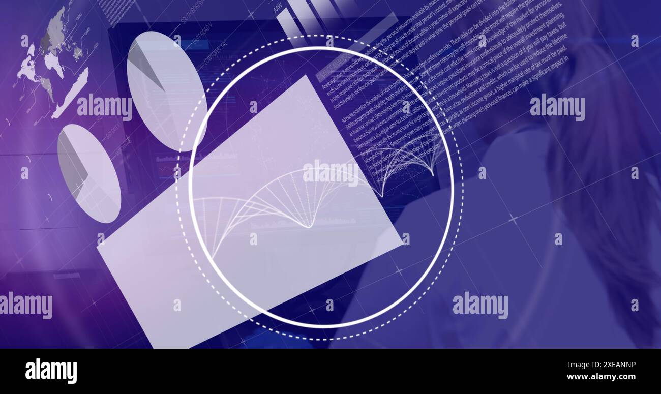 Image du traitement des données et du brin d'adn sur une femme scientifique caucasienne Banque D'Images