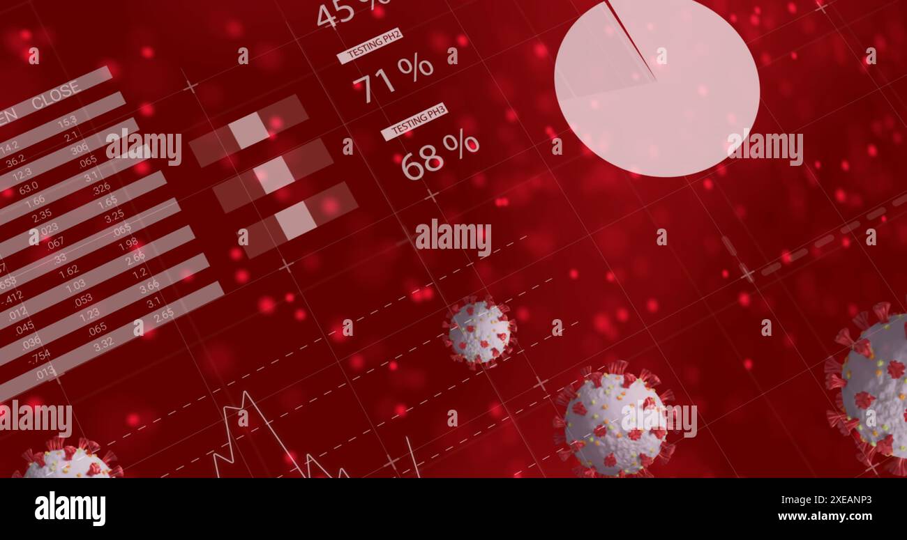 Image du traitement des données et des cellules virales sur fond rouge Banque D'Images