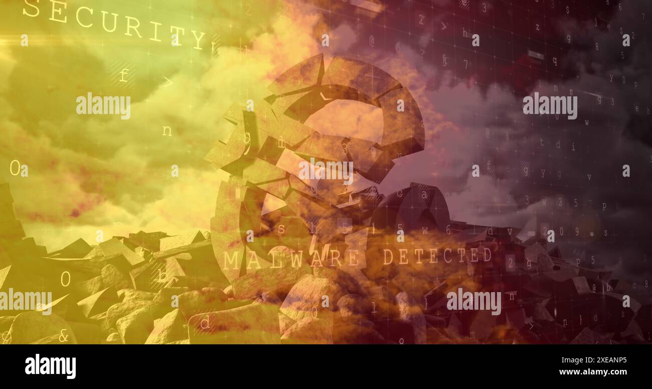 Image du traitement des données de cybersécurité sur le symbole de l'euro cassé contre les nuages dans le ciel Banque D'Images