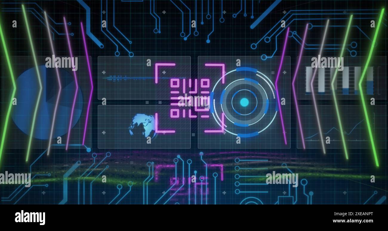 Image du code qr et de la carte de circuit imprimé de l'ordinateur sur le traitement des données sur fond noir Banque D'Images