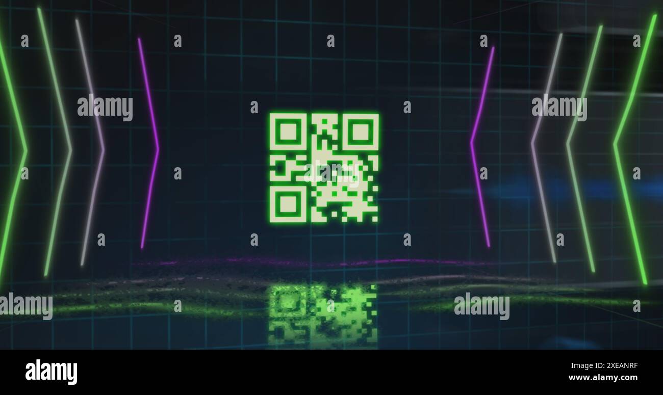 Image du code qr et des lignes de néon sur fond noir Banque D'Images