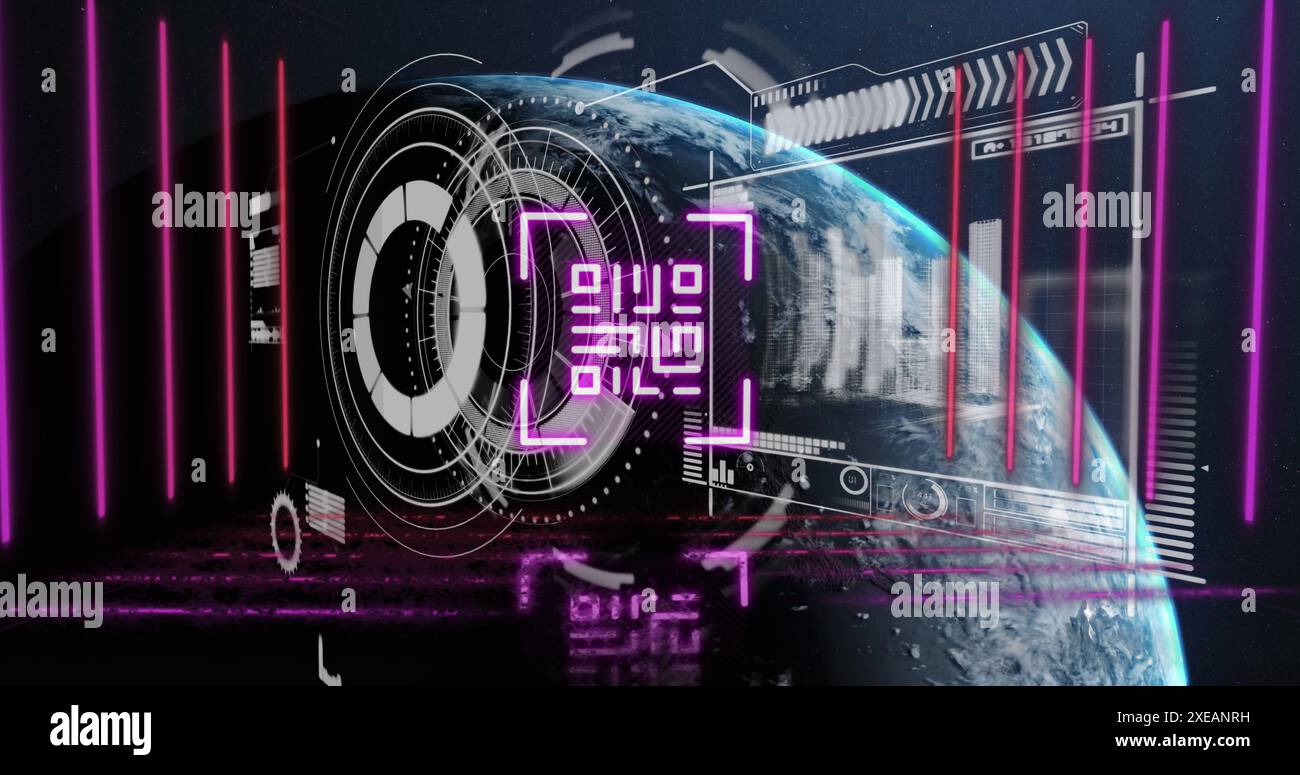 Illustration de l'oscilloscope scannant le traitement des données sur des réseaux de connexions Banque D'Images