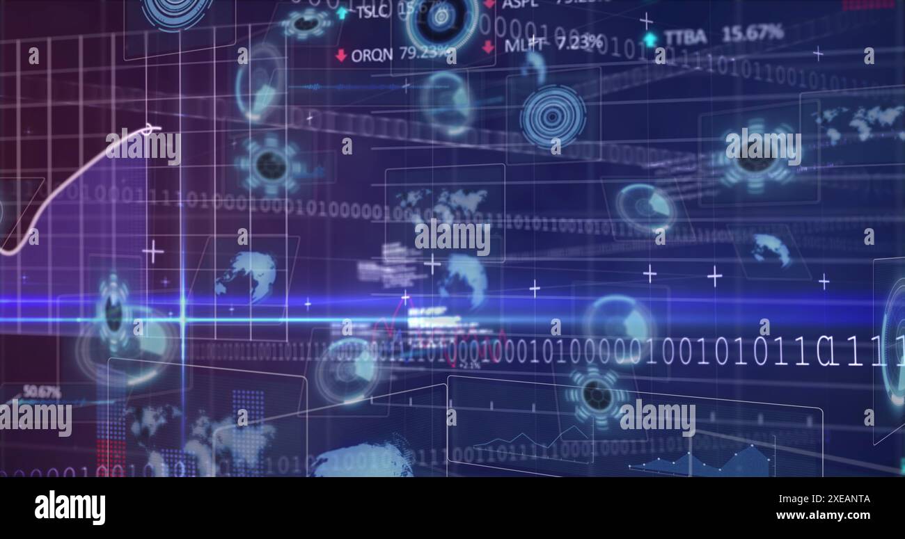 Image du traitement des données et du codage binaire sur le balayage de l'oscilloscope sur fond bleu Banque D'Images