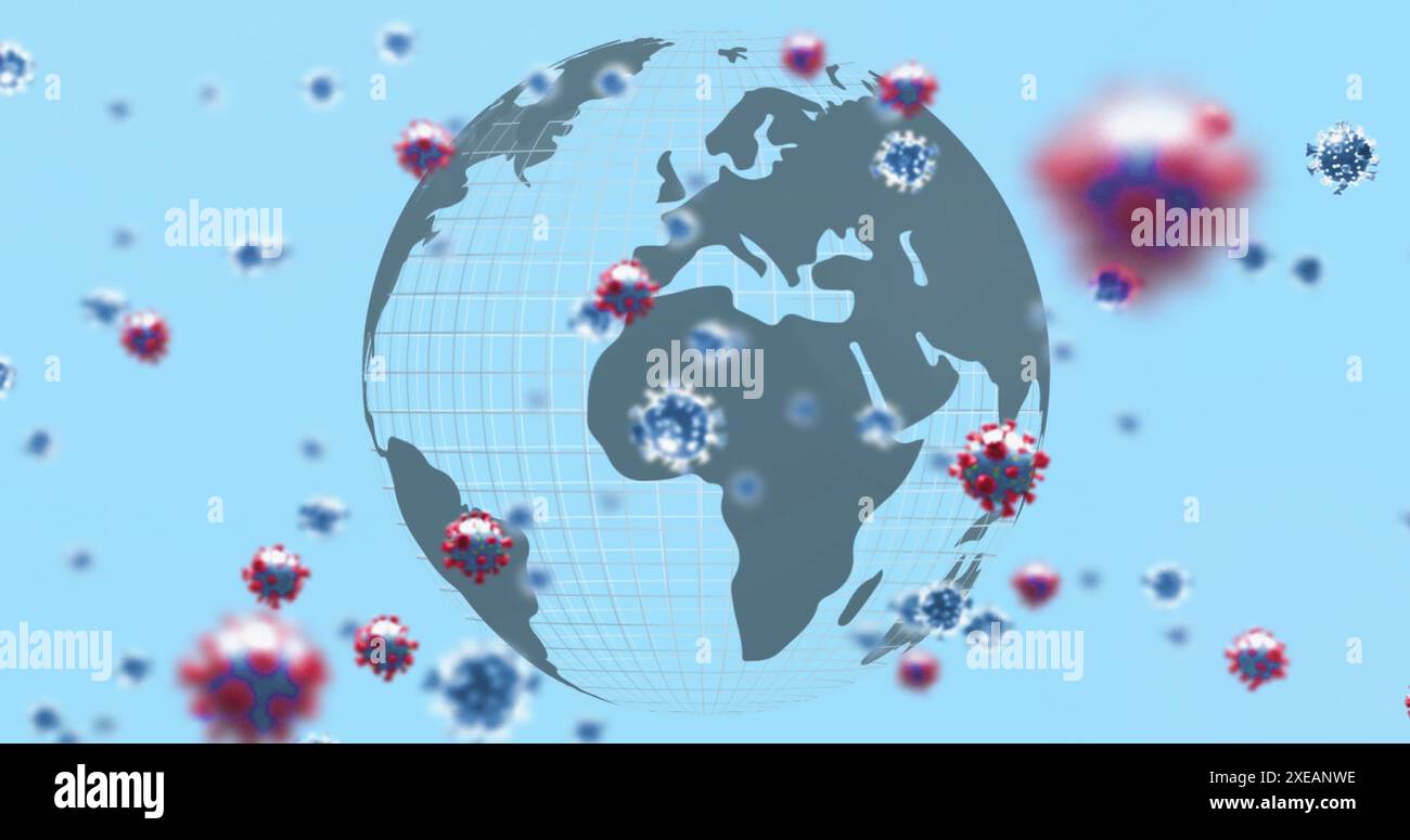 Image de cellules virales flottant au-dessus du globe sur fond bleu Banque D'Images