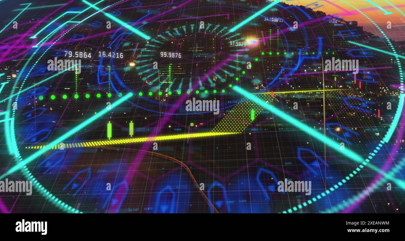 Image du traitement des données sur un paysage urbain nocturne Banque D'Images