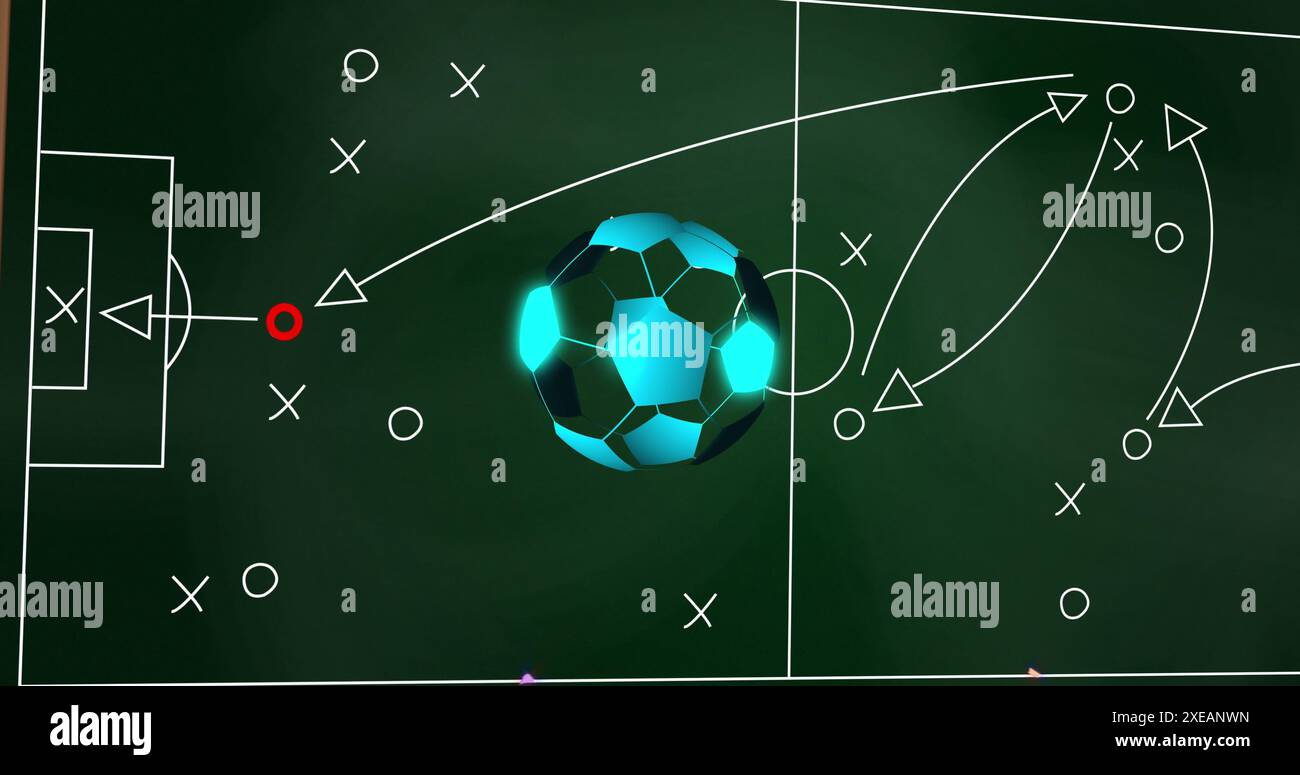 Image d'un ballon de football au néon au-dessus d'un terrain de football Banque D'Images