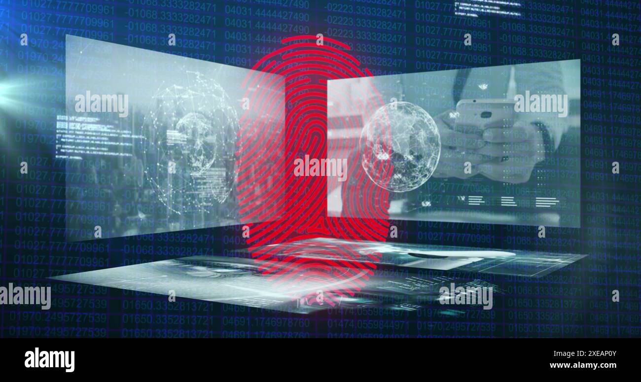 Image d'empreinte digitale sur le traitement des données et les écrans numériques Banque D'Images