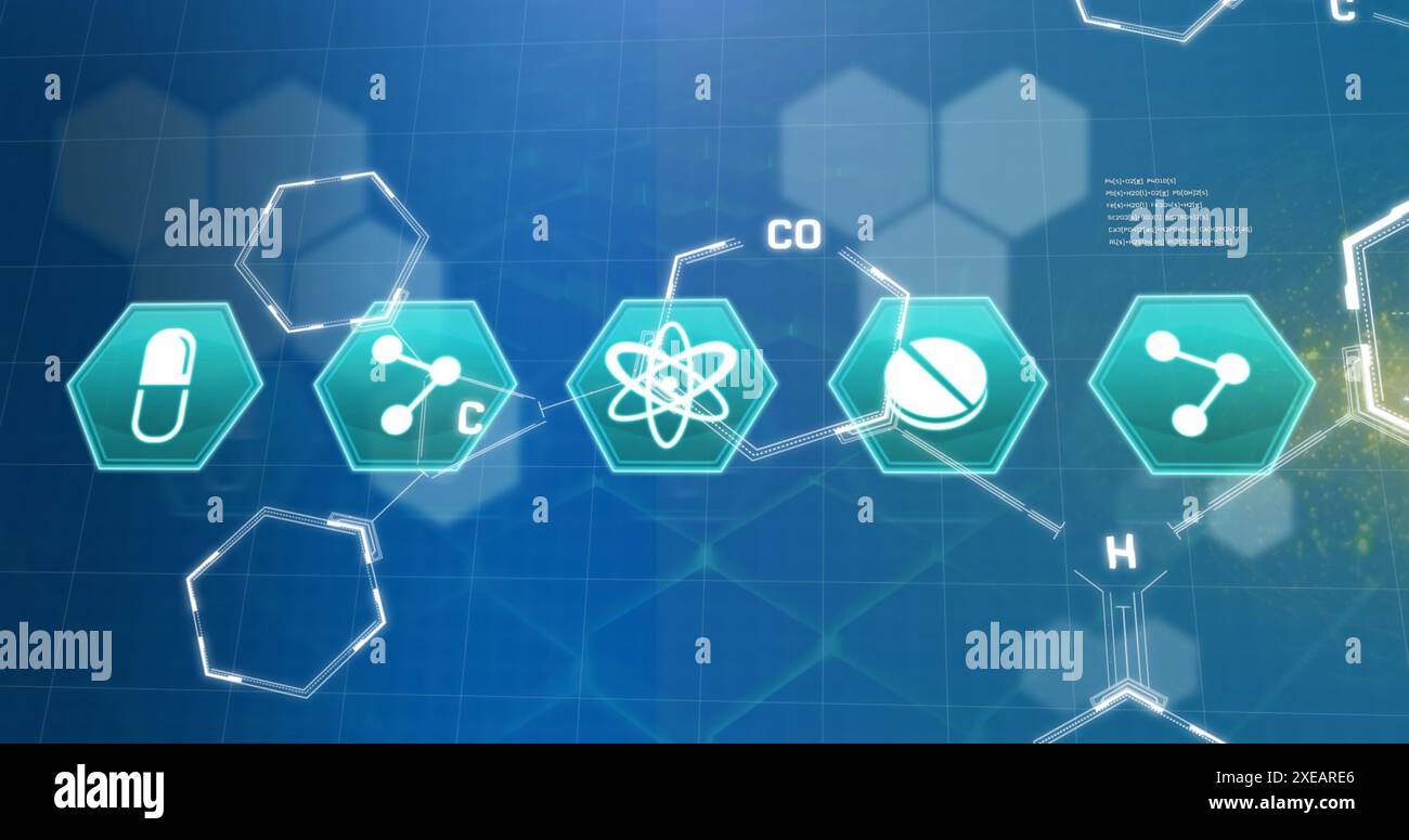 Image d'icônes médicales et de formules chimiques avec traitement des données sur fond bleu Banque D'Images