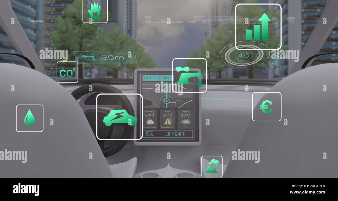Image des icônes et du traitement des données sur l'intérieur de la voiture Banque D'Images