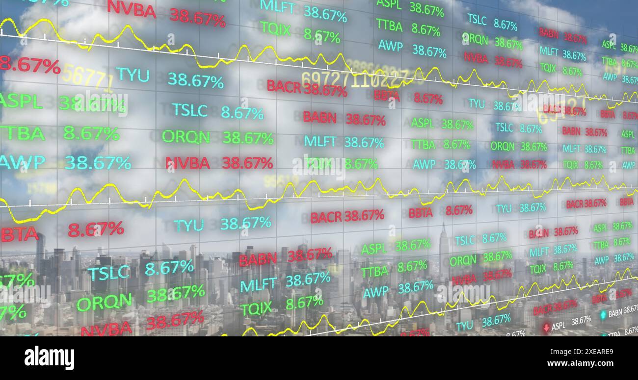 Image du déplacement du traitement des données financières au-dessus du paysage urbain Banque D'Images