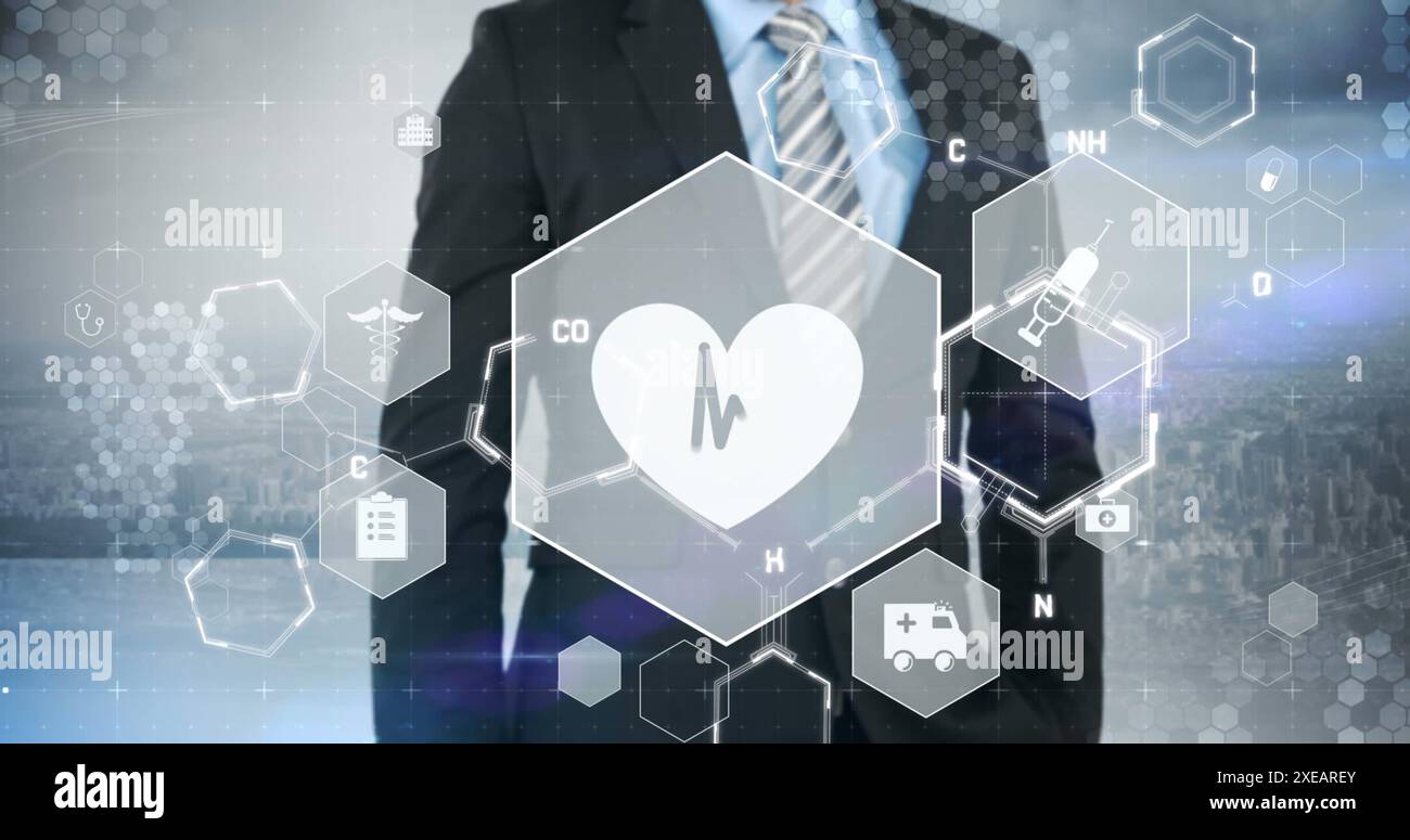 Image d'icônes médicales et formule chimique avec traitement de données sur homme d'affaires Banque D'Images