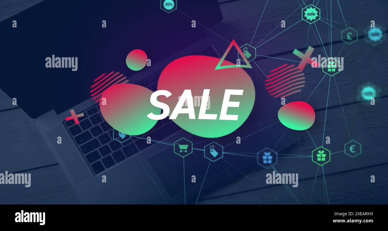Image du texte de vente sur ordinateur portable, traitement des données et connexions Banque D'Images