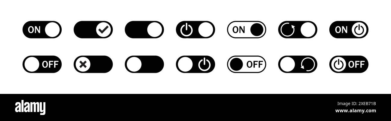 Jeu de boutons marche et arrêt. Bouton Marche/arrêt. Jeu d'icônes de bouton de commutation défini. Activer et désactiver le bouton de l'interrupteur. Boutons d'interrupteur à bascule marche/arrêt. Illustration de Vecteur