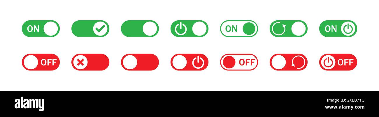 Bouton Marche/arrêt. Jeu d'icônes de bouton de commutation défini. Activer et désactiver le bouton de l'interrupteur. Boutons d'interrupteur à bascule marche/arrêt. Icône vectorielle activée et désactivée. Illustration de Vecteur