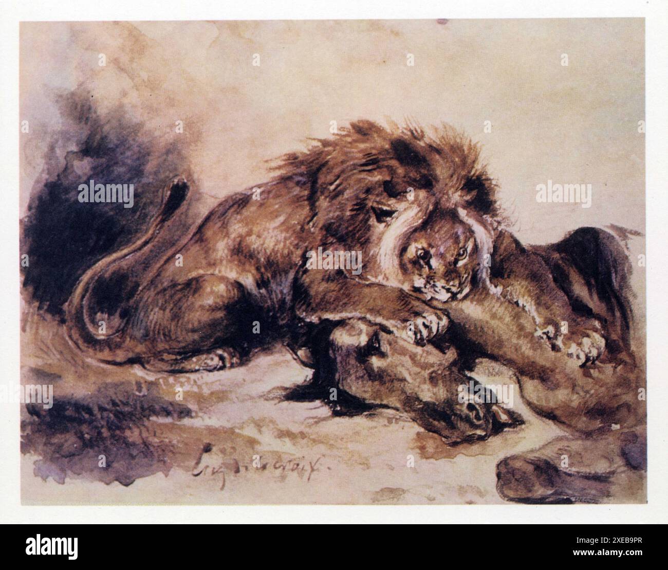 Eugène Delacroix. Lion dévorant un cheval. 1844. Aquarelle Banque D'Images