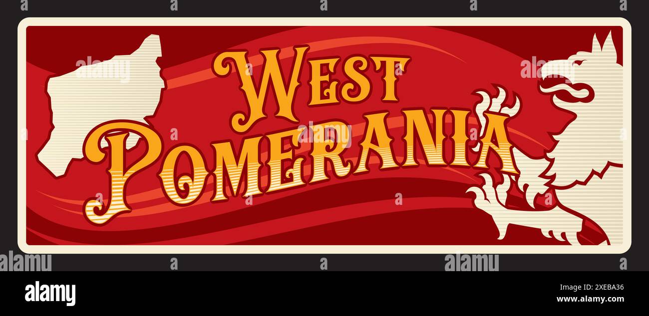Plaque de voïvodie polonaise de Poméranie occidentale et autocollant de voyage. Bannière vintage vectorielle avec carte du territoire de la Pologne, repère touristique et lion héraldique. Panneaux rétro, planche avec armoiries Illustration de Vecteur