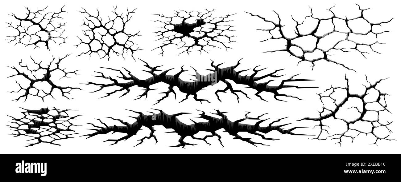 Les fissures et les trous de terre de tremblement de terre ou les fissures de terre et les effets de rupture de mur, fond vectoriel. Fissures sur le sol ou le béton avec texture d'écrasement de fracture, tremblement de terre surface terrestre avec destruction Illustration de Vecteur