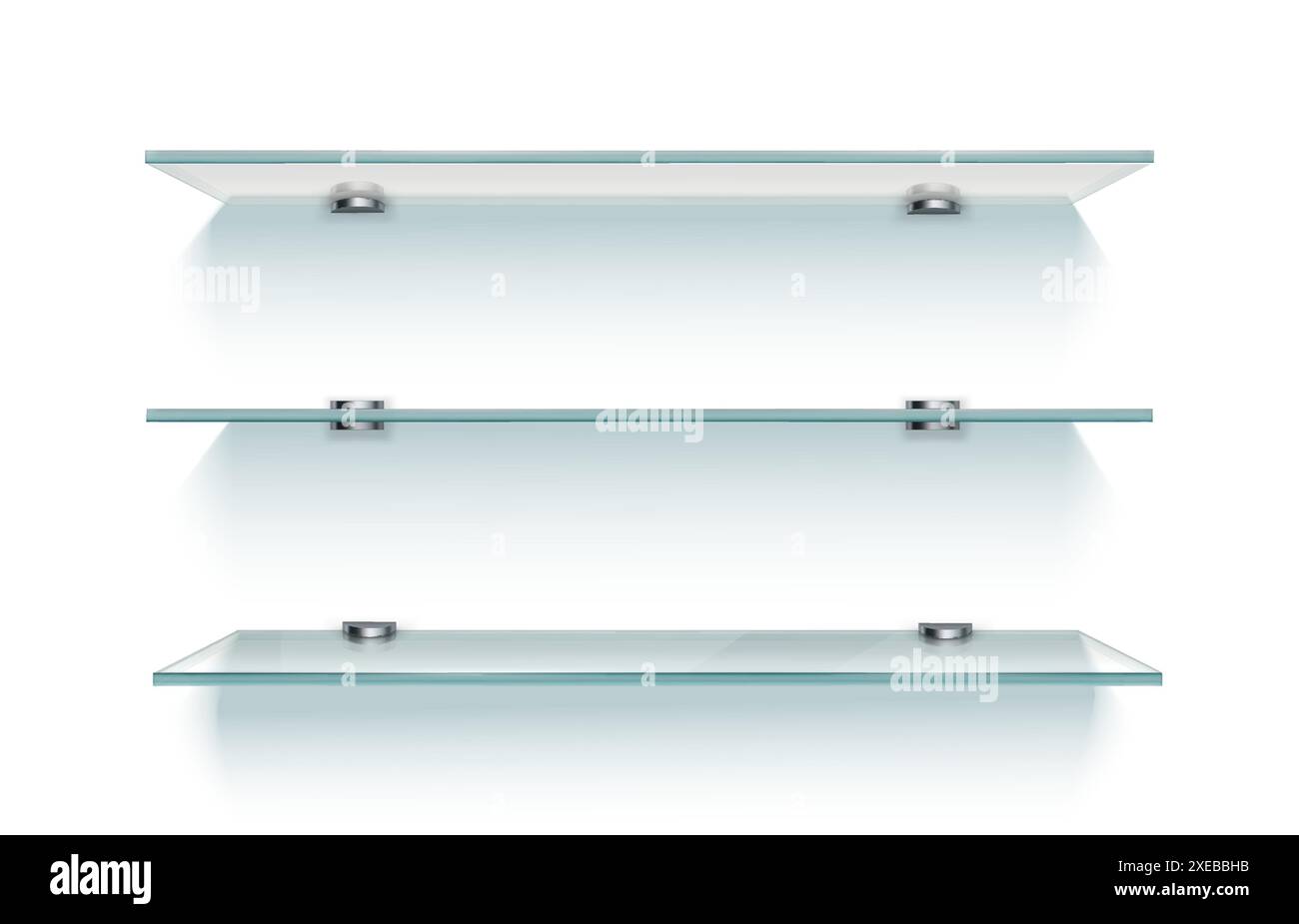 Étagère en verre de magasin vide réaliste sur fond de mur blanc. Étagères transparentes flottantes de magasin Vector 3d, étagères et rebords de support de produit. Étagères claires modernes et panneaux de vitrine avec ombres Illustration de Vecteur