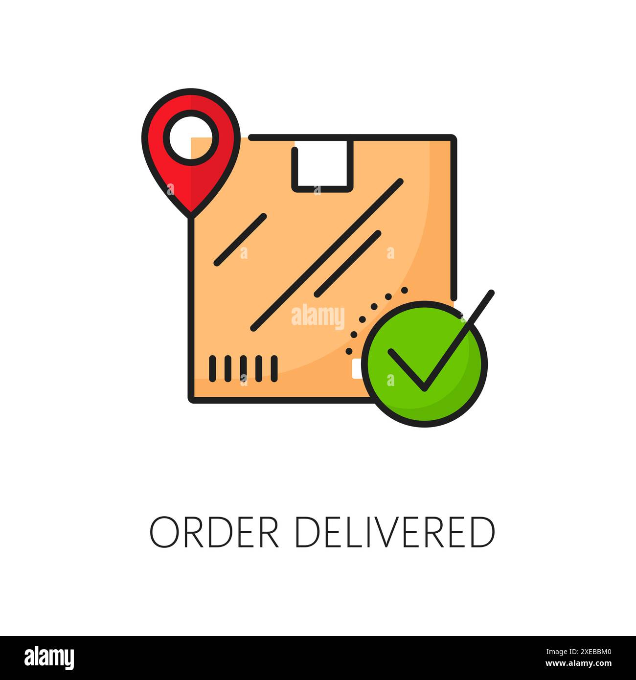 Commande livrée icône de ligne de couleur de la boîte de livraison ou du colis, coche verte et épingle rouge de la carte. Vecteur logistique, expédition et service de fret signe de contour pour confirmation de livraison, commande reçue Illustration de Vecteur