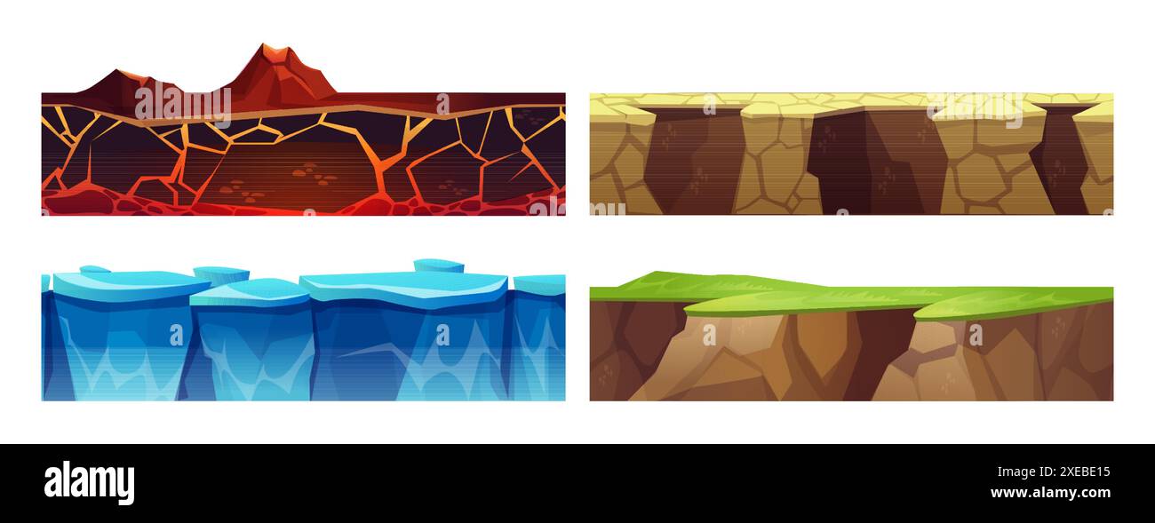 Texture sans couture de couche souterraine pour la conception de niveau d'interface utilisateur de jeu. Ensemble de vecteurs de dessin animé de surfaces de sol coupées. Sol avec de l'herbe verte, roche avec de la lave et du magma, glace gelée et neige et saleté fissurée sèche. Illustration de Vecteur