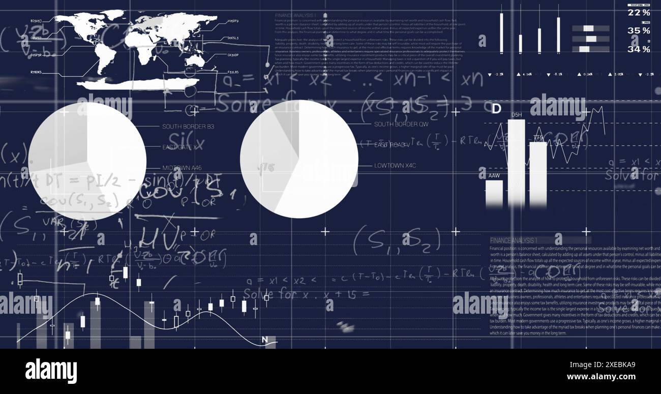 Image du traitement des données statistiques et des équations mathématiques sur fond bleu Banque D'Images