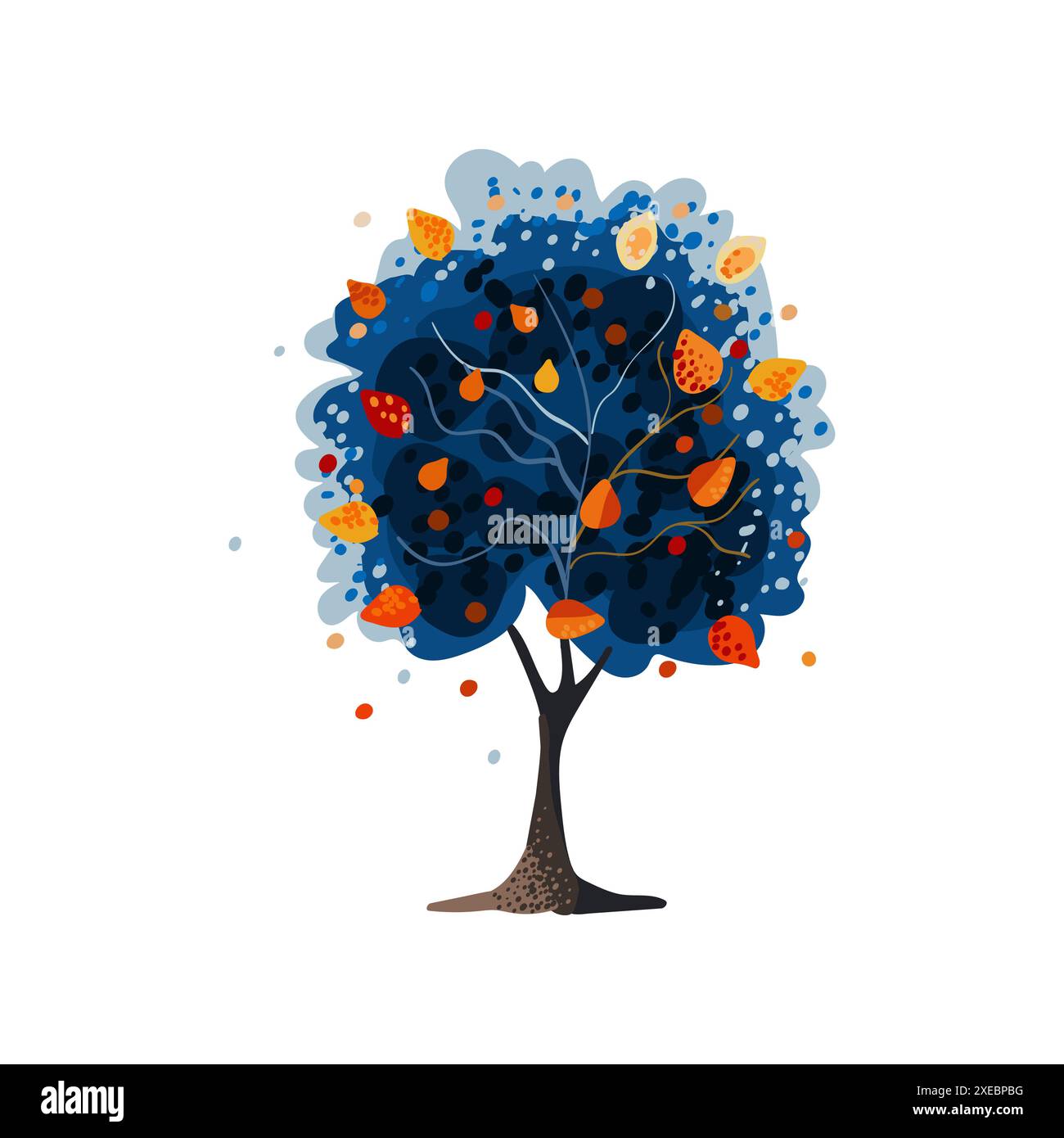 Arbre bleu avec des feuilles orange et jaune. Automne dessiné à la main. Style aquarelle. Illustration vectorielle plate. Illustration de Vecteur