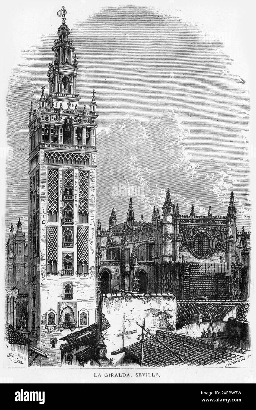 Gravure de la Giralda, le clocher de la cathédrale de Séville à Séville, en Espagne[1]. Il a été construit comme minaret de la Grande Mosquée de Séville en al-Andalus, sous le règne de la dynastie almohade, avec un beffroi de style Renaissance ajouté par les catholiques après l'expulsion des musulmans de la région., vers 1880 Banque D'Images