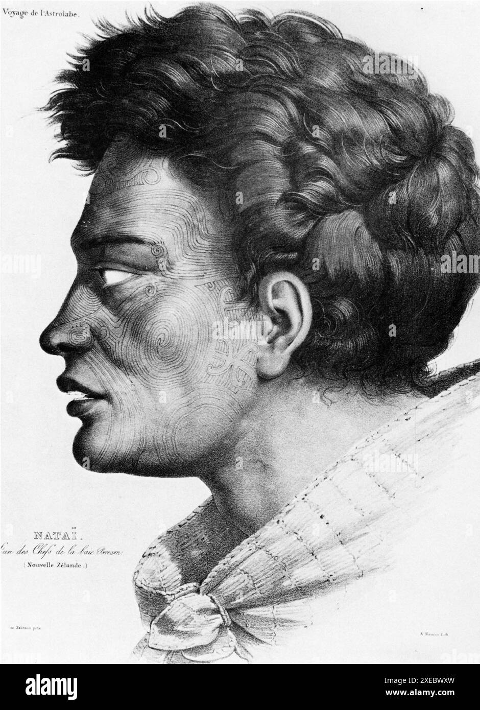 Portrait d'un guerrier maori dessiné par l'artiste sur l'Astrolabe lors de sa visite en Nouvelle-Zélande en 1775 Banque D'Images