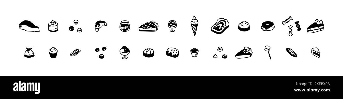 Ensemble de desserts à motif doodle mignon. Gâteaux, tarte aux pommes et au citron, croissant, tiramisu, biscuits, tartelettes en style croquis. Boulangerie, café, coffeeshop, confiserie Illustration de Vecteur