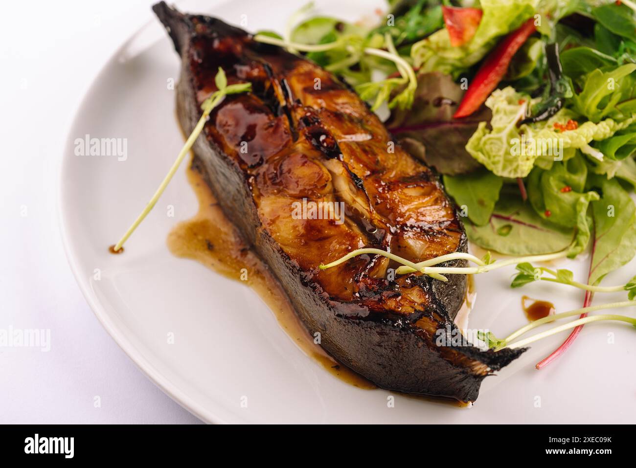 Saumon poêlé dans une sauce teriyaki sur une assiette Banque D'Images